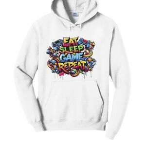 Eat Sleep Game Repeat Graphic Hoodie - White